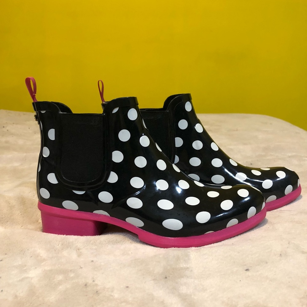 Pink and black polka dotted Kate spade rain boots